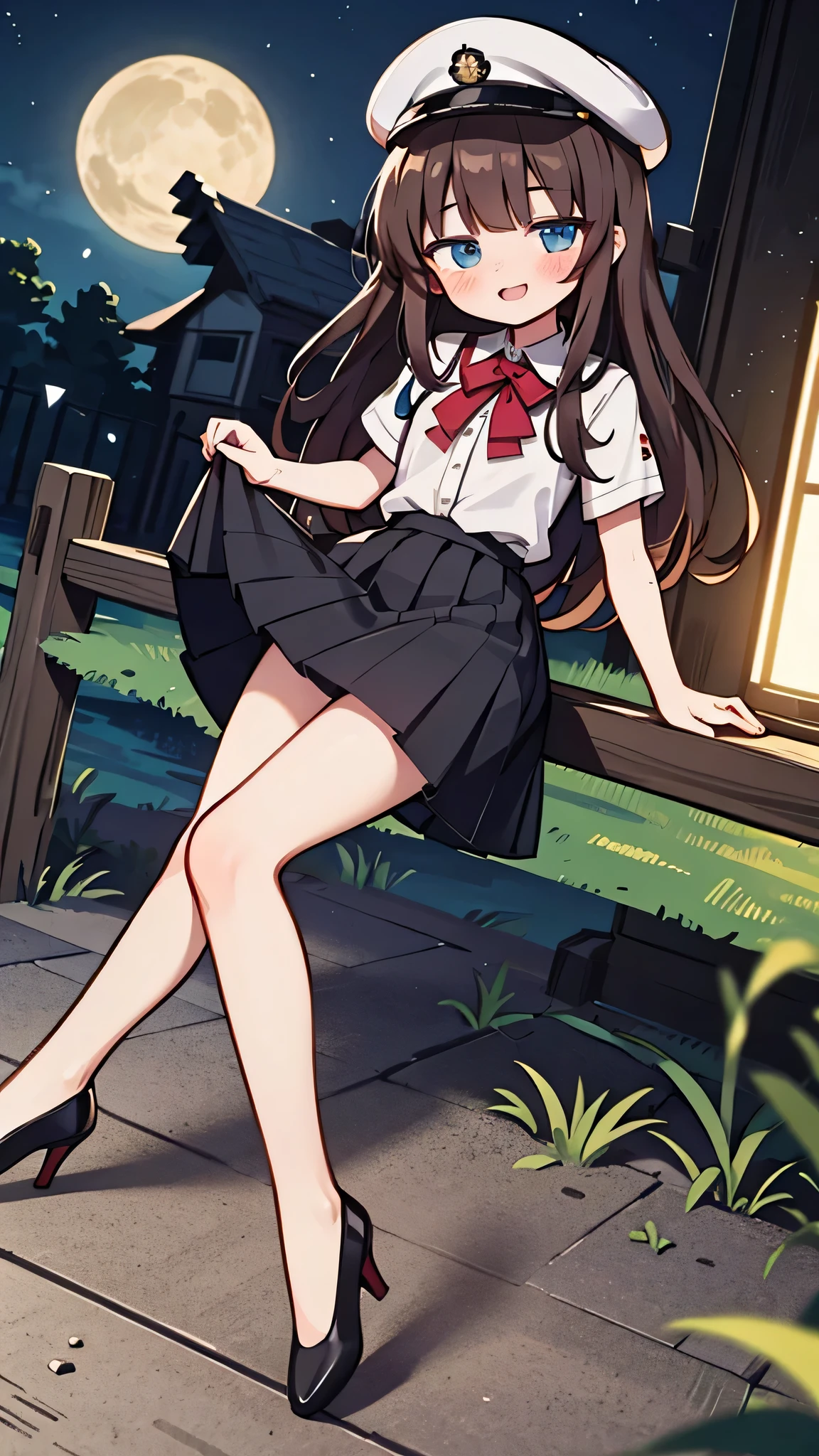 {Highest quality}, {Super beautiful},{Ultra fine},{Best illustration},Brown Hair,Hime cut,semi-long,Bangs,Standing Woman,Uniform cap,White Shirt,Short sleeve,Long black skirt,Night Park,Embarrassed,smilingly,Blushing,Slender women, A woman wearing plain black pumps,Bare feet and pumps,From an angle,From above,