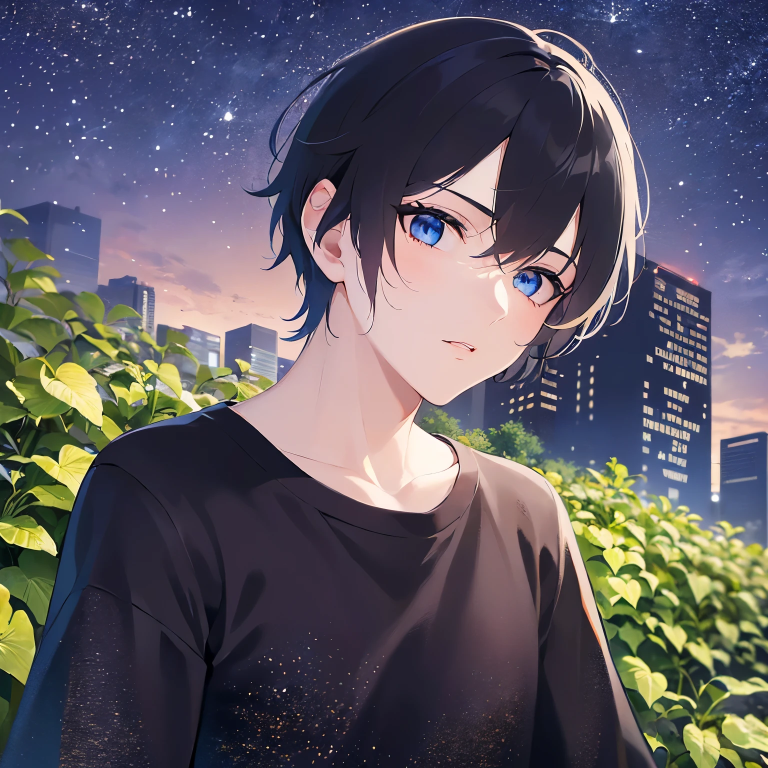 (25-year-old male:1.5) and (Black short hair) and (blue eyes)
(black) and (T-Shirts).(looking away:1.5),upper body,Side shot、
shiny skin, masterpiece、Highest quality、,serious,Are standing、
(Night Park:1.5)、(Night Sky:1.5)、grass,(alone:1.5)