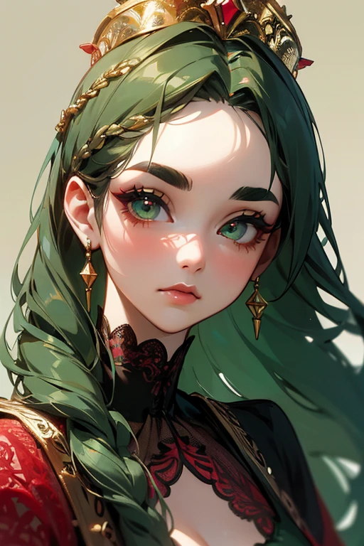(Highest quality, masterpiece:1.2), High resolution, Very detailed, Realistic:1.37, Fantasy, An illustration, Green Eyes、Queen, ((Red lace swimsuit)).Platinum decoration、beautifully、Eyeshadow Red、Thick eyebrows、Long eyelashes、pupils are black、Her hair is dark green、Gold crown、Kissing Face、Embarrassing、Beloved by the crowd、Hair is green、Braiding、hair ornaments、Keep the image of your face、