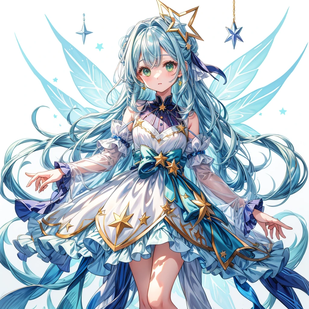 1girginal and unique cute hairstyle、Star Fairy、Star incarnation、Character design front view、A picture facing the viewer、(((Super detailed、Highest quality、Masterpiece)))、Original cute hairstyle、Milky white and blue hair color、Simple Green Background、vtuber-fullbody,