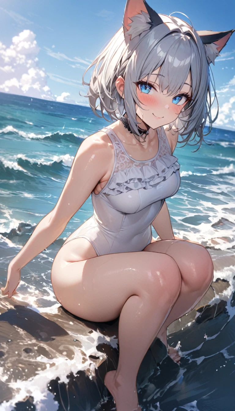 (((best quality)), ((masterpiece)), (details), masterpiece, best quality, high quality, ulutra detailed, perfect face, ((1girl, blue eyes, cat ears: 1.3 silver bob hair: 2.5,)) 、Shiny Hair、Glowing Skin、blush、Lustful look、Side Angle、Ocean岸、Ocean、evening、Sitting on the shore、Put your face on your knees、View here、White one-piece swimsuit with frills、barefoot、smile