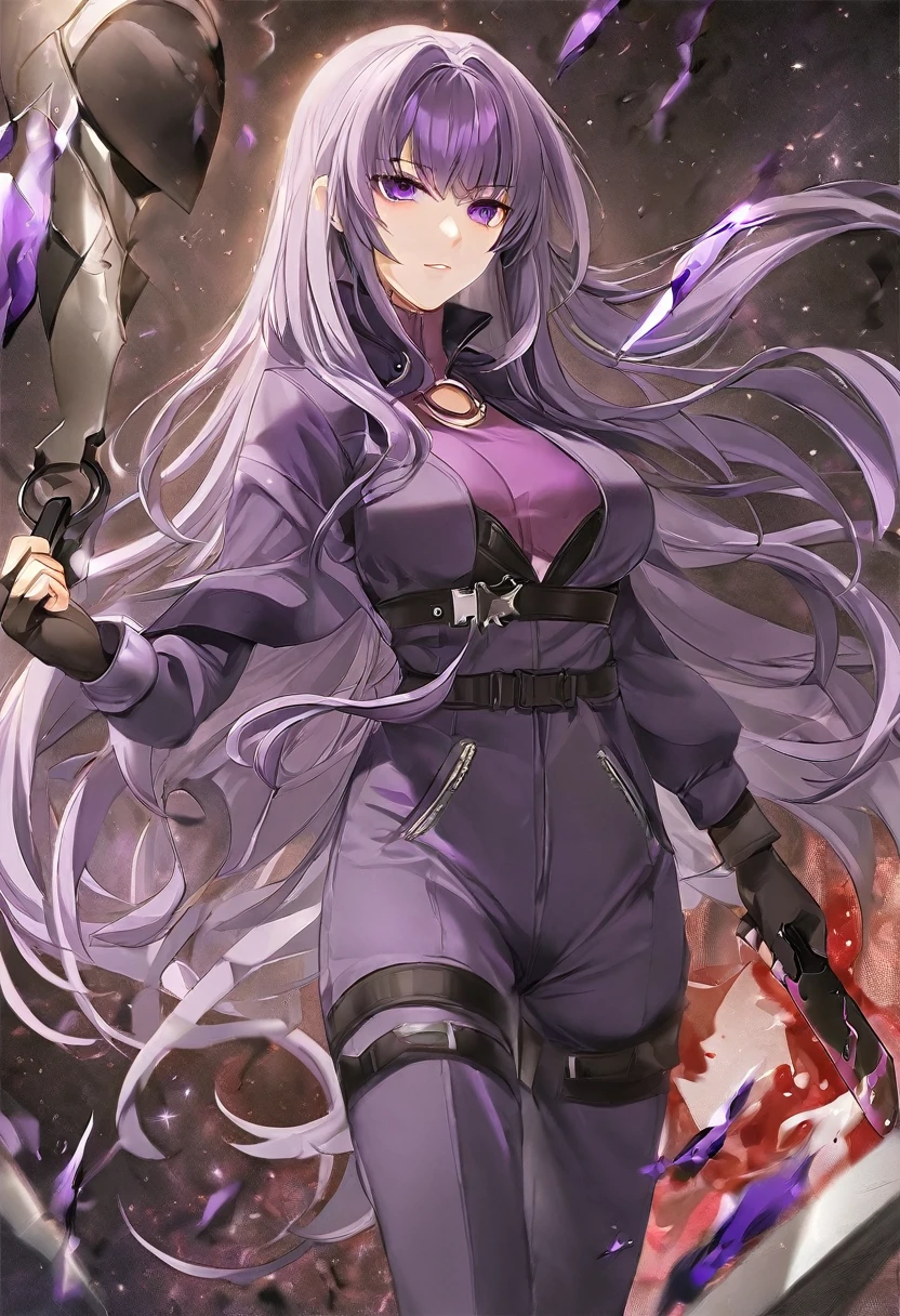 Athena,Purple one-way slightly messy long hair,Purple Eyes,Purple jumpsuit,But the jumpsuit is sexy,Holding a knife in his hand,It's sick,A black hole in the universe,Purple and black black hole