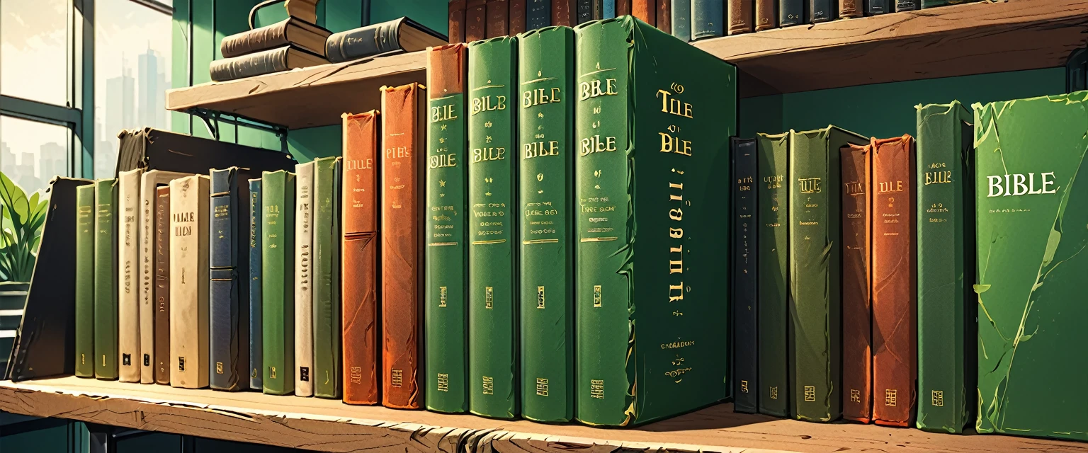 close-up of the book's spine with title "Bible" on a shelf in a green office,
graphic style of novel comics,
2d, 8k, iMax, hyperrealism, masterpiece, high resolution, best quality, ultra-detailed, super realistic, Hyperrealistic art, high-quality, ultra high res, highest detailed, lot of details, Extremely high-resolution details, incredibly lifelike, soft cinematic light,