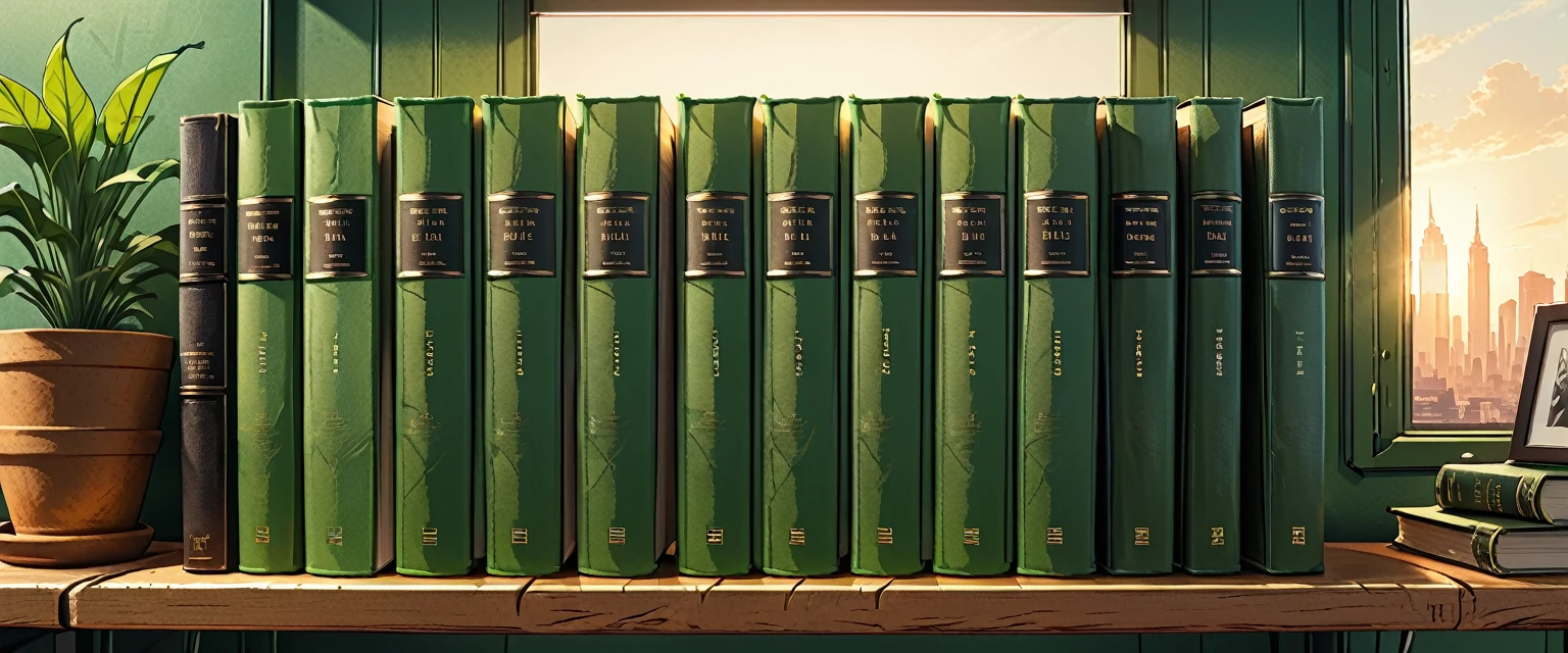 
close-up of the book's spine with title "Bible" on a shelf in a green office,
 graphic style of novel comics, 
2d, 8k, iMax, hyperrealism, masterpiece, high resolution, best quality, ultra-detailed, super realistic, Hyperrealistic art, high-quality, ultra high res, highest detailed, lot of details, Extremely high-resolution details, incredibly lifelike,  soft cinematic light,
