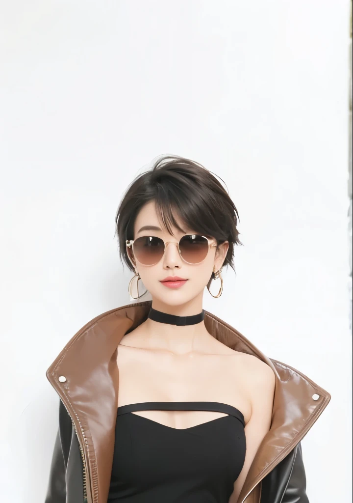 Preety woman, short hair, black hair,dark brown eyes , Wearing sunglasses and white earrings