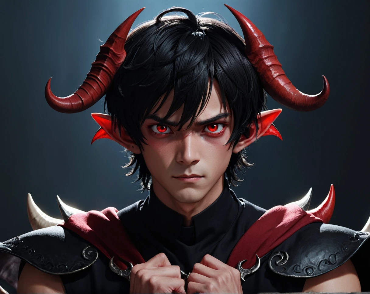 High resolution, masterpiece, Perfect lighting, bloom, Cinema Lighting, Perfect Skin, View your viewers, One boy, devil, horn, devil, Black Hair, Red eyes, black devil wings, Upper Body, Red skin, Pointed Ears, (In-person audience:1.2), Red Theme,