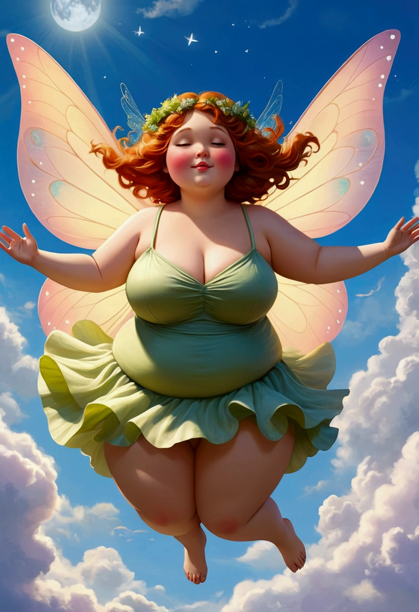 The plump fairy felt free and alive, fly higher and higher, and the wind blew in her face. She was filled with a feeling of surprise and delight., When she realized, It's her&#39;he is capable of anything, because her magic wings carried her across the sky. And when she was floating in the clouds, She knew, that her chubby fairy girl is truly living her best life.