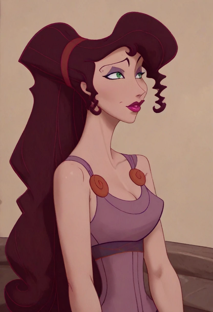 ((masterpiece, best quality)), Disney reference, (Megara), Megara grins, lipstick, upper body: bare shoulders, skinny 