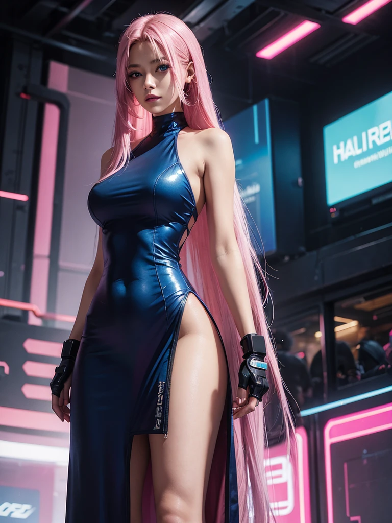 (cyberpunk) medium breasts, pink hair, straight hair, woman in long dress, tanned skin, blue eyes.
