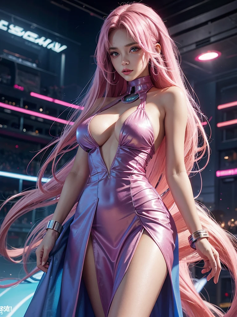 (cyberpunk) medium breasts, pink hair, straight hair, woman in long dress, tanned skin, blue eyes.