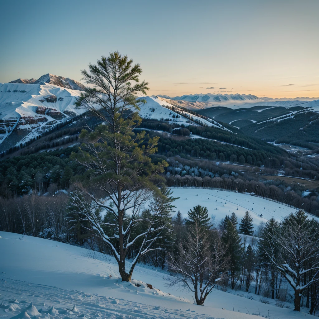 A lone green tree on a snowy hill at blue hour