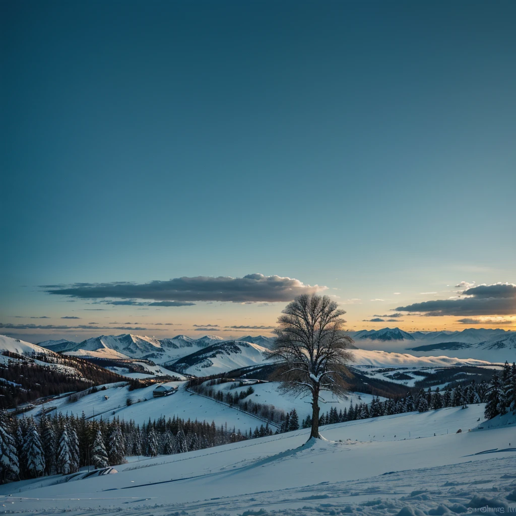 A lone green tree on a snowy hill at blue hour