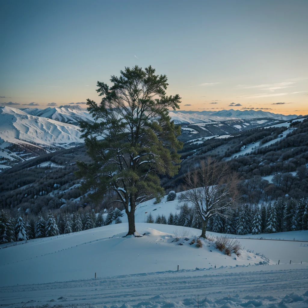 A lone green tree on a snowy hill at blue hour