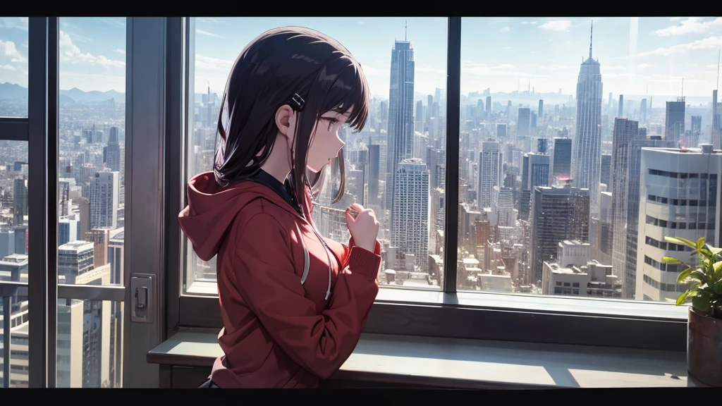 Ultra-high resolution, 8k, (Official Art, beautifully、mysterious:1.2), Anime Art Wallpaper, Works by Makoto Xin Haicheng, Lofi Art Style, Lo-fi feel, Perfect human body engineering, 1 female, profile, mysteriousな瞳, Hoodie, uniform and short skirt, Shiny long black hair, Larger than average bust, Listening to music through headphones, Looking out the window, City Room, A room for music lovers, city view from the window, Impressive cityscape, Bright Sky, meteor, Wide angle, Before dusk