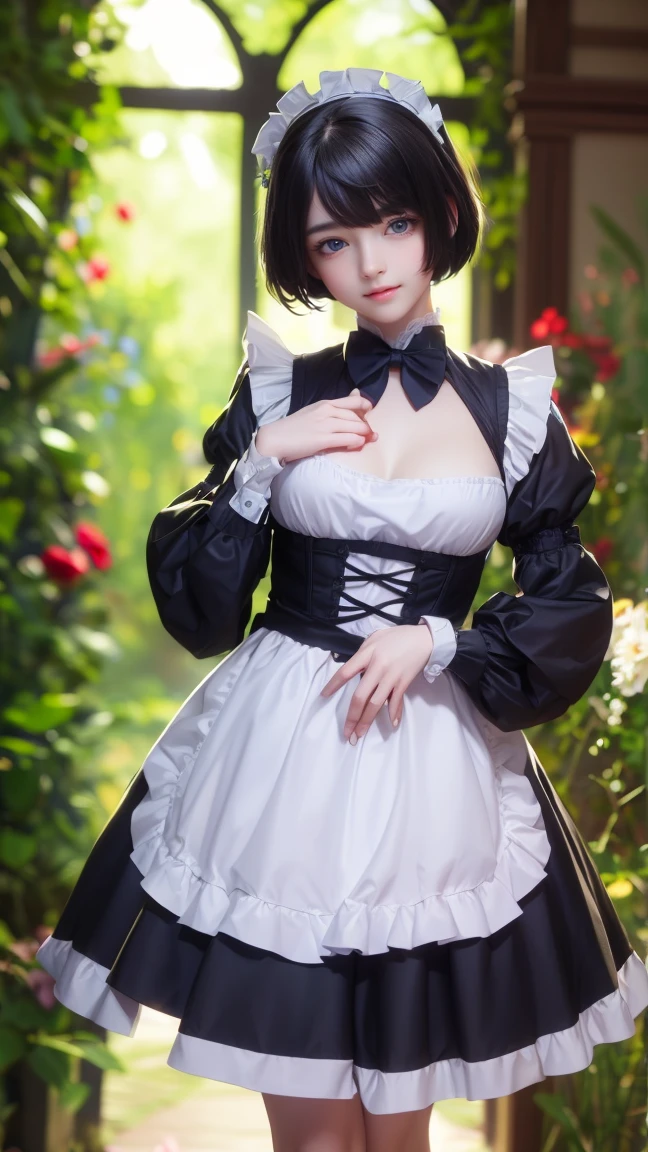 (Ultra-detailed, 8K, Raw photo, Best Quality), high-definition RAW color photography, professional photograpy, (Realistic, photographrealistic:1.37),1 girl, Cinematic Light, (finely detailed face:1.2), (Best Quality:1.2), hyper detailed background, cowboy shot,  (Happy smiling face:1.4),Upper teeth,  (Looking at Viewer:1.2), (slender:1.2), (Narrow waist:1.2), Colossal breast(Saggy breasts:1.35), (cleavage:1.2),Elegant, Gorgeous, Gothic lolita,(Short bob hairstyle:1.2),full body, bowtie, (Detailed Maid:1.2),crepe_fabric_Detailed_Clothes, puffies_long_Detailed_sleeves,  luxurious mansion in the background, Inside, indirect lighting, Floor light, Many beautiful flowers are arranged in a luxurious vase, Create a luxurious atmosphere., Marble floor, decorative wall, BREAK ,William Morris, Arts and Crafts Movement, complex pattern, Nature-inspired design, Wallpaper Art, Textile Creation, British heritage, Raw photo, (8K、highest quality、masterpiece:1.2)、(Intricate details:1.4)、(Photorealistic:1.4)、Octane Rendering, Intricate 3D rendering super detailed, studio soft light, Rim Light, Vivid details, Super Detail, Realistic skin texture, Cheek gloss, details face, Very beautiful bright pale blue eyes, Very big eyes, Highly detailed CG Unity 16k wallpaper, perfect beauty, round face, Makeup, (Detailed background:1.2), Shiny skin, Full Body, From head to thighs, Cleavage,