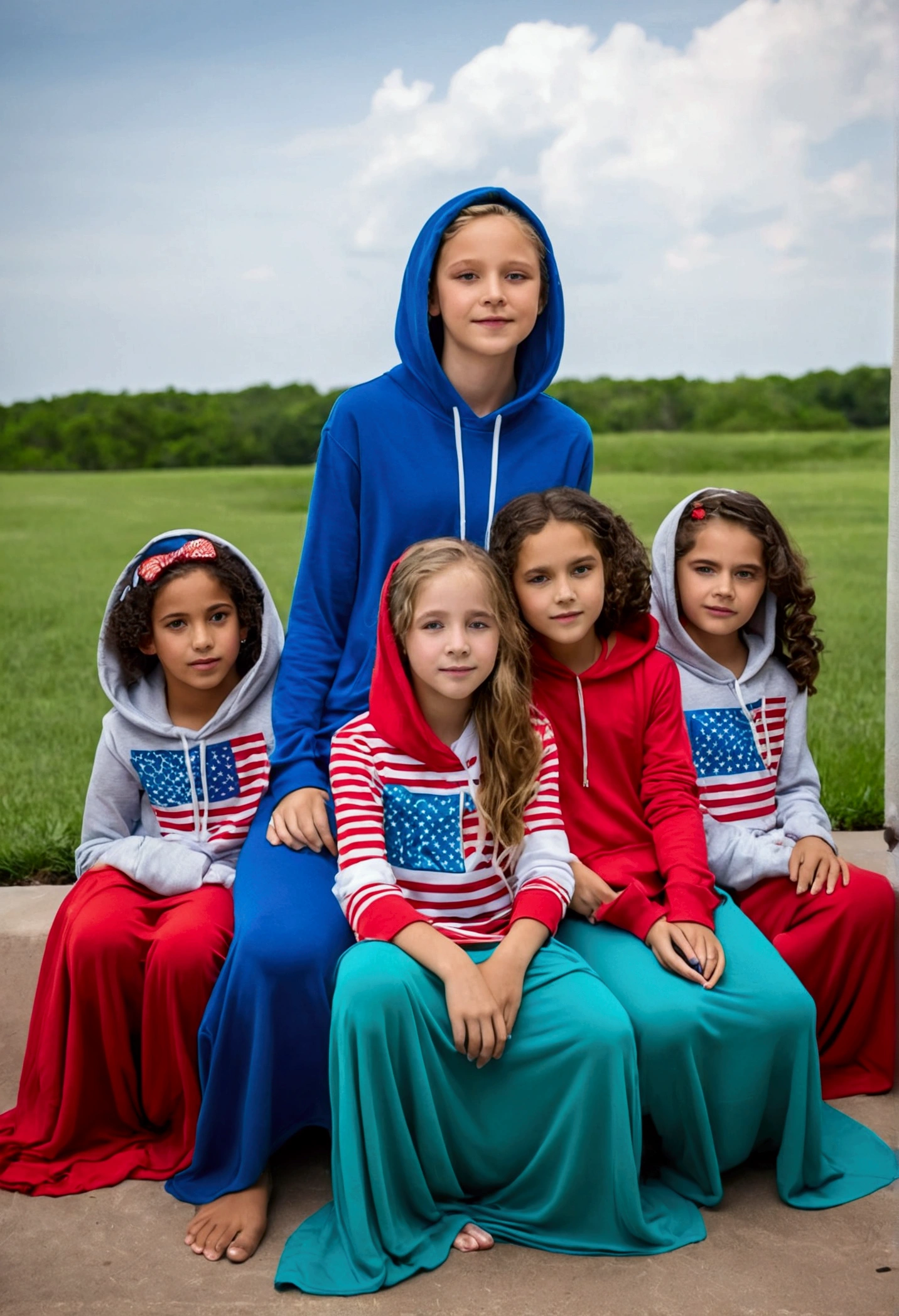 American girls wearing casual long mermaid floor length maxi skirt covering legs and loose hoodie sitting on one another, Fourth of July themed