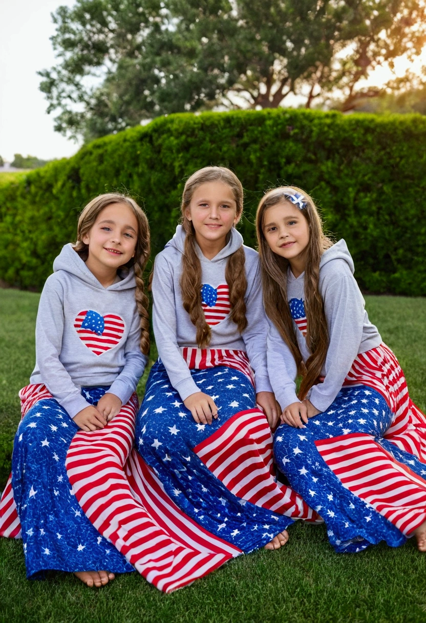 Four  American girls wearing casual long mermaid  floor length maxi skirt covering legs and loose hoodie sitting on one another, Fourth of July themed