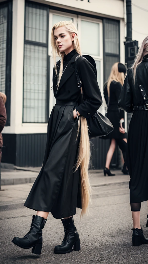 Alternative faceless long blonde hair boy walking in black punk boots and a long skirt in a vintage style, a black backpack 