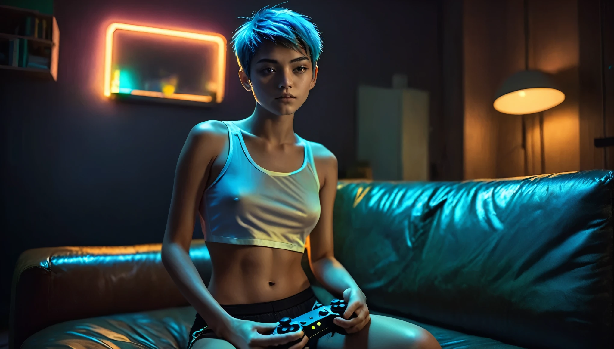 Top Quality, Masterpiece, High Resolution, 8k, ((r, 16 Yearomboy girl in short silky oversized huddie with plunging neckline under the armpits und satin shorts, side boob, wide neckline, deep neckline)), (bare belly, small perky breasts, detailed face, detailed eyes, thin eyebrow, detailed lips, small hips, no makeup, some tattoos), ((tomboy, Tomboy Style, tomboyish)), (randowm short hair style, straight hair, short pixie cut hair), (((cyberpunk apartment, on the couch, holding a game controller, moody atmosphere, very dim light, dramatic and neon colors, futuristic setting, intricate details, at night, random pose, neon colors))), full body view