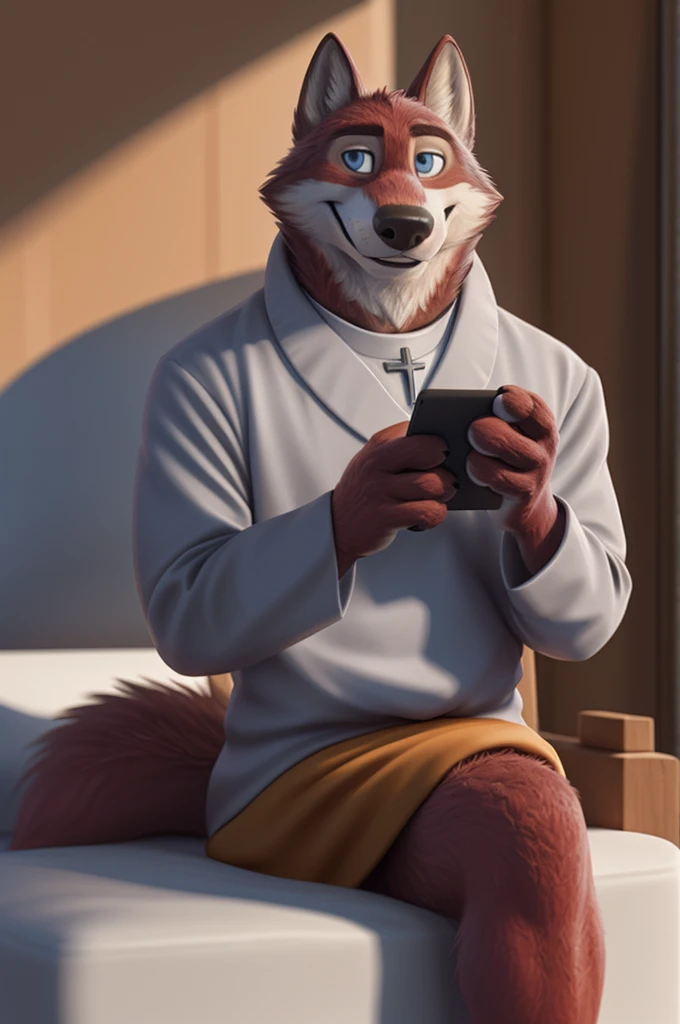 Joachim Wolfbach (Zootopia),tall handsome, wolf,young, 24 years, brown fur,(red body:1.3),Blue eyes, Moscow Dressed,to Pope Catholic priest of the Roman Catholic Church, canine, wolf, detailed fur, Male, antro, paw pads, finger claws,holding a laptop, at viewer, 5 fingers, paws, 5 fingers, smile, happy, resting, wrist watch, т nextel, sitting at home watching TV, by xenoforge, (difficult, high detail, film photography, soft focus, RAW, pilot by training,smile смех 
фотореализм, realistic, photorealistic, analog style, subsurface scattering, 
masterpiece, Best quality, ultra realistic, 8 K)