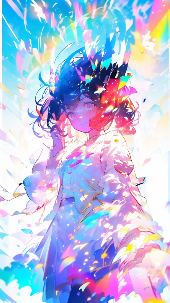 (Highest quality, masterpiece, Very detailedな, Very detailed, Exquisite, 16K,Full HD),(White Background:1.5), ts1, white shirt, Blue vest, sleeveless, blue thighhighs, blue skirt, wrist cuffs, neck ribbon,A little closer,Dramatic lighting,pastel colour,(seems to be happy)grab the hem of the dress,sun光,fly in the sky,Soft lighting, ((alone:1.5)),(sunny,blue sky,rainbow,sun,morning sky,sunny),Gentle breeze,Magical Forest,flower,wood,flower畑,葉っぱとflowerびらが舞う,From above,((head shot)),画面いっぱいのflower,The wind is blowing,(腰の少しFrom above巨大な妖精の羽:1.5),sunの光に反射した,sunの魔法,(smile:1.2), (Fantasy, Romantic atmosphere), 