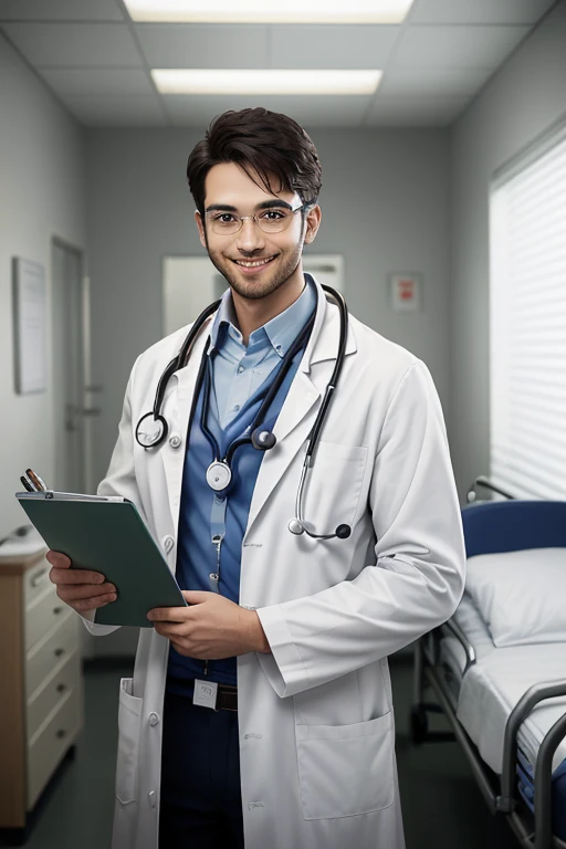 Handsome face, Perfect male body,Look at the camera, (evil smile,doctor, white coat, notebook in hand,stethoscope, glasses),hospital ward,The light is dim.,dark room,Masterpiece,half body, Portrait,Ray Tracing