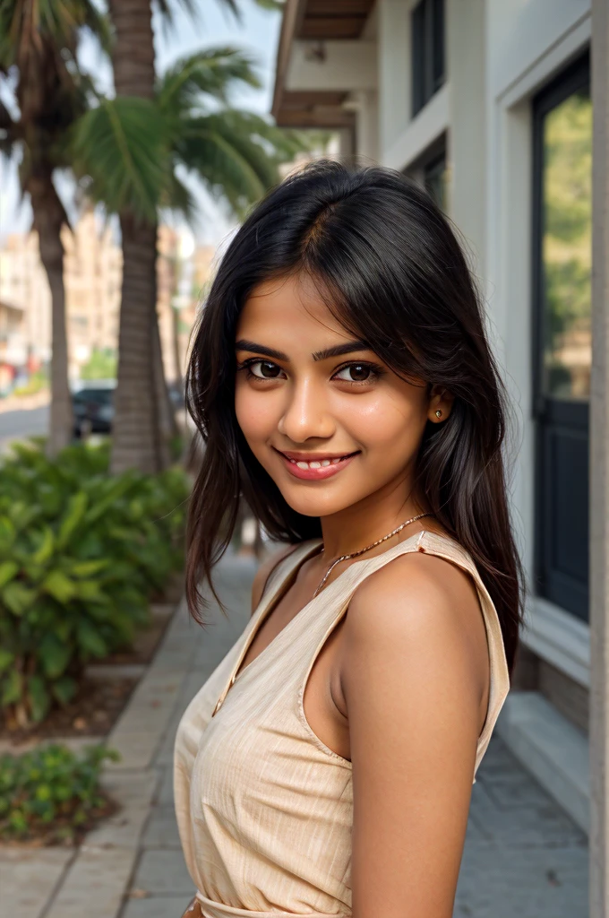 a woman in a churidar dress standing on a sidewalk, simple dress, indian, indian girl with fair skin, mid shot portrait, casual pose, with a seductive smile, close up portrait shot, close - up portrait shot, close body shot, closeup portrait shot, a cute young woman, elegant smiling pose, beautiful model,