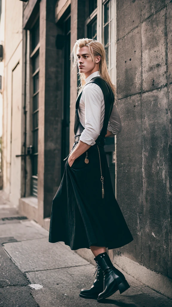 Alternative faceless musculed and tall long blonde hair boy walking in black punk boots and a long skirt in a vintage style, a black backpack 