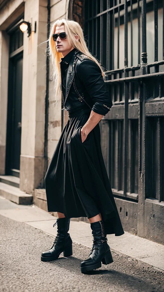 Alternative faceless musculed and tall long blonde hair boy walking in black punk boots and a long skirt in a vintage style, a black backpack