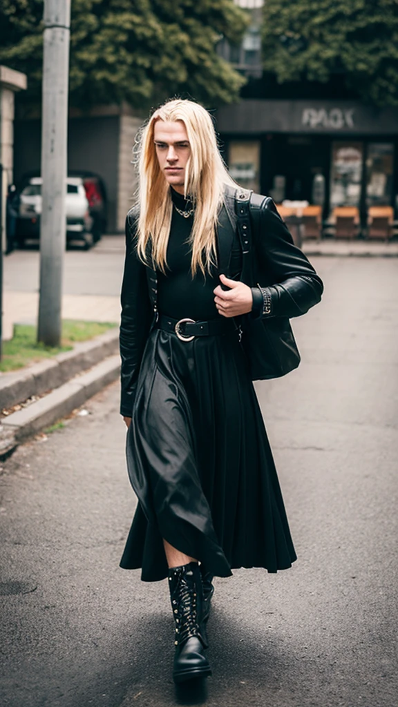 Alternative faceless musculed and tall long blonde hair boy walking in black punk boots and a long skirt in a vintage style, a black backpack 
