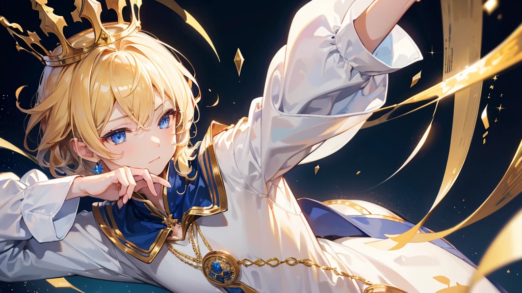 (Highest quality) (4K) (8k) (High resolution) (masterpiece:1.2) (Super detailed) One boy short hair Wizard Blue Eyes Long sleeve Golden decoration Hair between the eyes Closed Mouth White Dress Wavy golden hair Upper Body large crown (White Background) (Cast a spell) front Face close-up