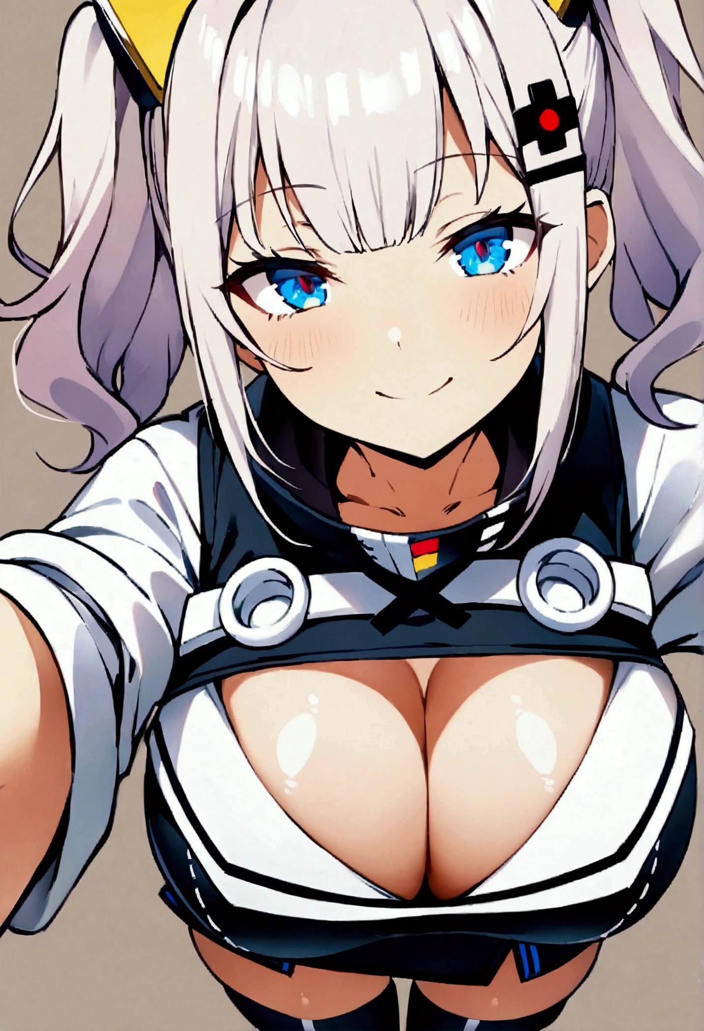 (score_9,score_8_up,score_7_up), (best quality, masterpiece) , perfect anatomy,,.official style, (kaguya luna), very aesthetic, intricate, (overall detail), 1 girl, upper cleavage,sash,large breast, black miniskirt, thighhighs, standing, light smile, simple background, from above, straight-on, upperbody,(breast focus:1),selfie,, intricate, hyper-detailed, 100-layer, ultra-high resolution,one crossed eyes,