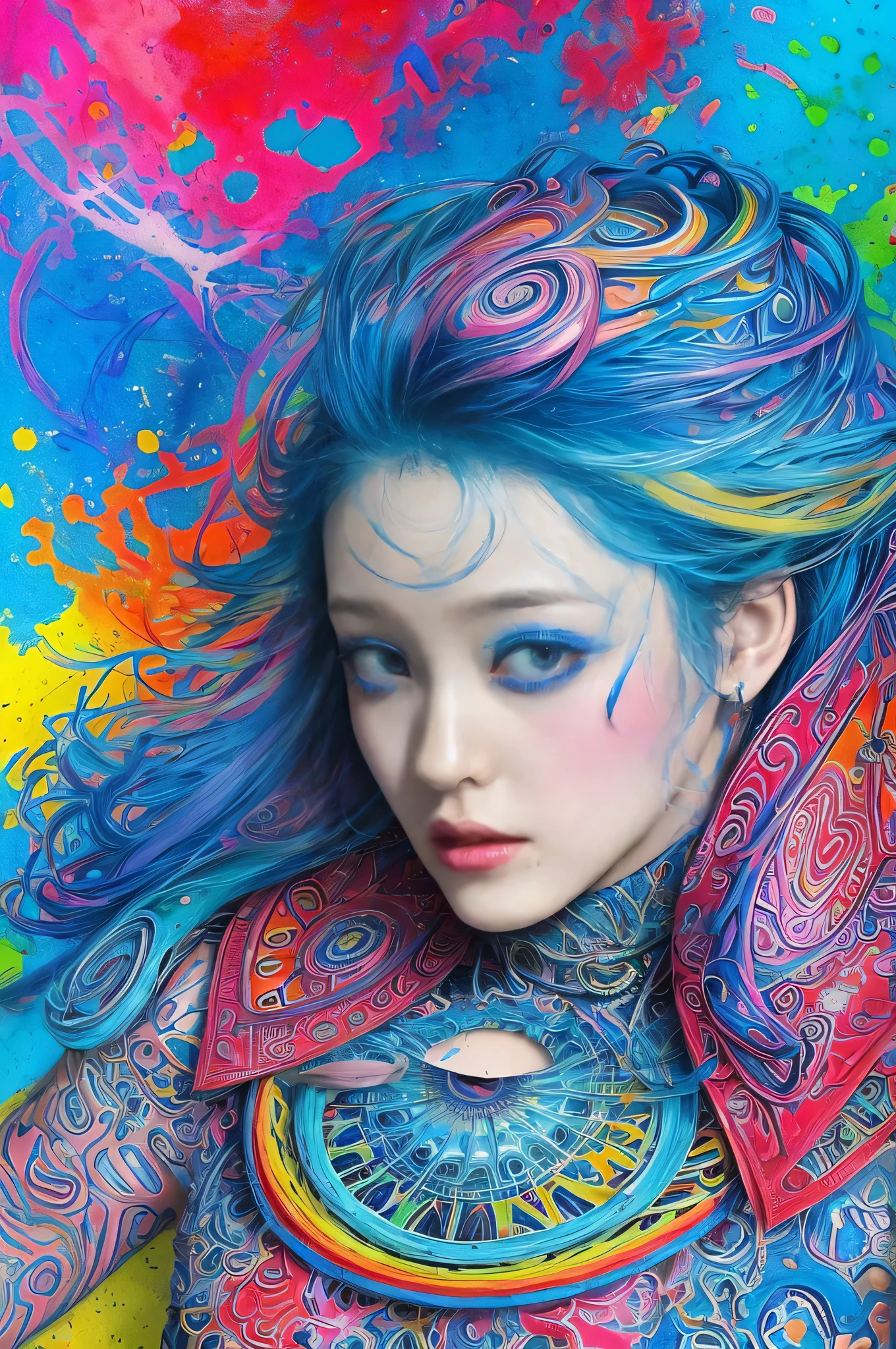 A woman with blue hair wearing colorful clothes、Colorful paint splattered background, Written by Hirohiko Araki,Official Art, unity 8k wallpaper, Super detailed, beautifully、aesthetic, masterpiece, Highest quality, (zenTangle, Mandala, Tangle, enTangle), One girl, Very detailed, Dynamic Angle, Cowboy Shot, The most beautiful form of chaos, elegant, Brutalist design, Vibrant colors, Romanticism, James Jean, Robbie Dowie Anton, Ross Tran, Francis Bacon, It was freezing cold, Adrian's genius, Petra Cortright, Gerhard Richter, takato yamamoto, Ashley Wood, Atmospheric, Ecstasy of Musical Notes, I can see the flowing notes