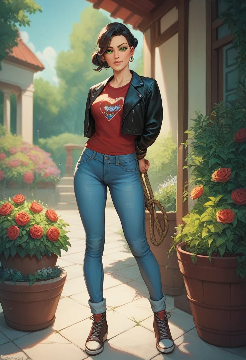Masterpiece , highly detailed , best quality , perfect face , green eyes , fubuki , wearing black leather jacket over red printed t-shirt and blue jeans , in garden , arms bound behind back with rope , looking at camera , standing still 