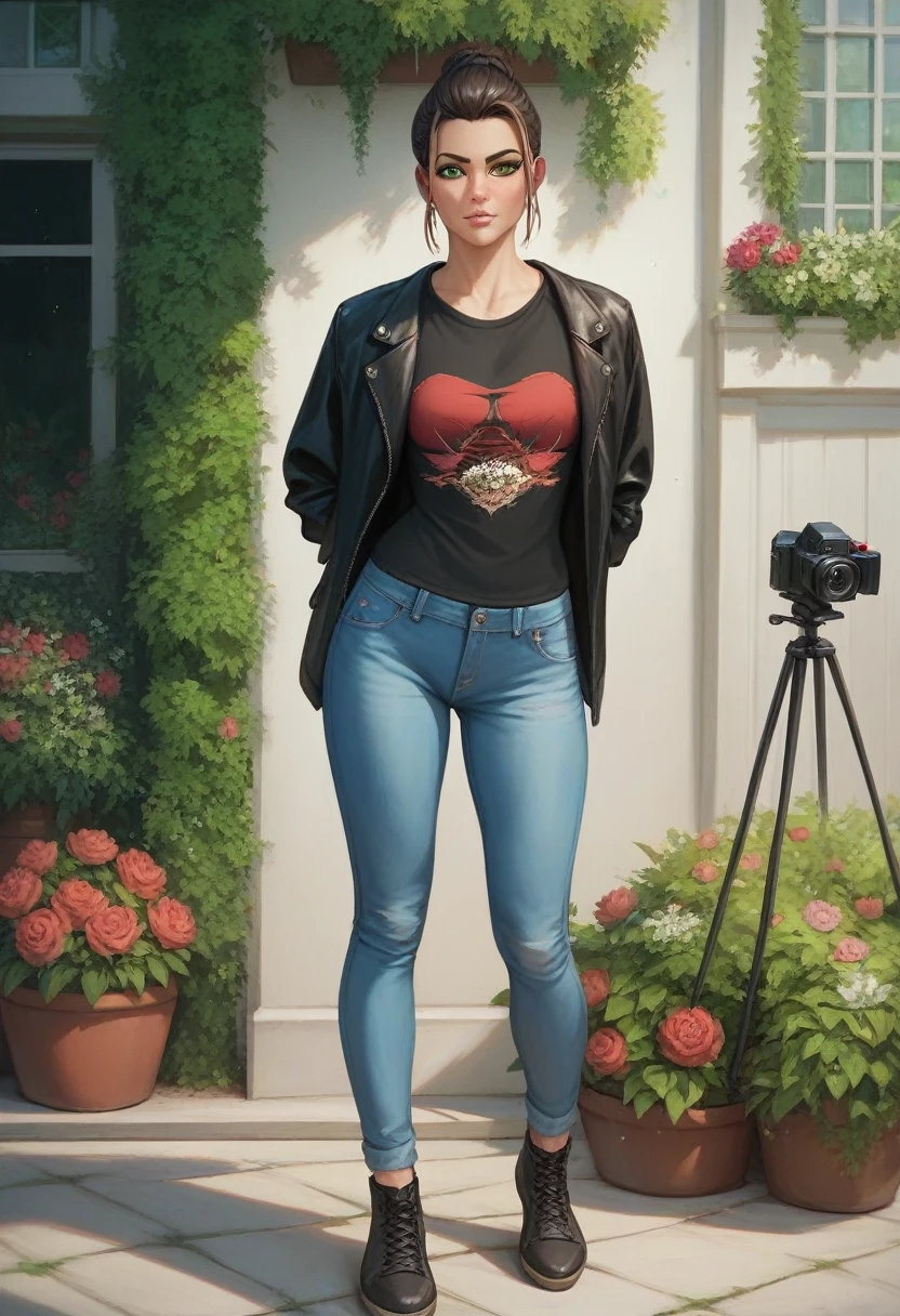 Masterpiece , highly detailed , best quality , perfect face , green eyes , fubuki , wearing black leather jacket over red printed t-shirt and blue jeans , in garden , arms bound behind back with rope , looking at camera , standing still