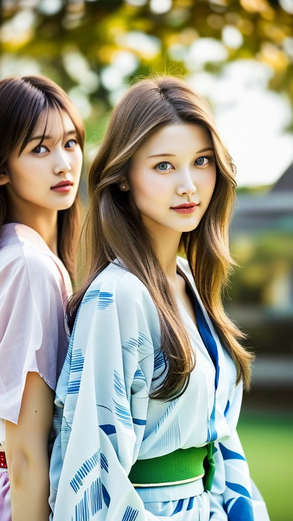 (8k、maximum quality、Master Pea:1.2)、(haired、_style)、(Realstic、pfotorealistic:1.37)、maximum quality、Master Pea、A photography studio bathed in the summer sun、simple back ground、[small tits]、[little chest]、Two models with different atmospheres、Position one of the two in a well-balanced perspective、1 photo、High Balance、Backlight、From the waist up、Camera angle with background facing up、Hands holding hair to ears、Shot in natural light from morning to noon、Hair arrangement and summer yukata style according to the trend of 2023、Three years for two Japan、Realstic、Realstic、super-detail、Beautiful facial features、10 generations、Actress、Half-Japanese and Russian models、Elaborate CG、Slender、charming、University students、lesbian、kissed、Long model and bob model for 3 years Japan、Hair fluttering in the wind、Delicate skin type、Hair with fine details and softness、The model's hair color is slightly lighter and softer、Gloss makeup、Yukata has a cute impression with gentle colors
