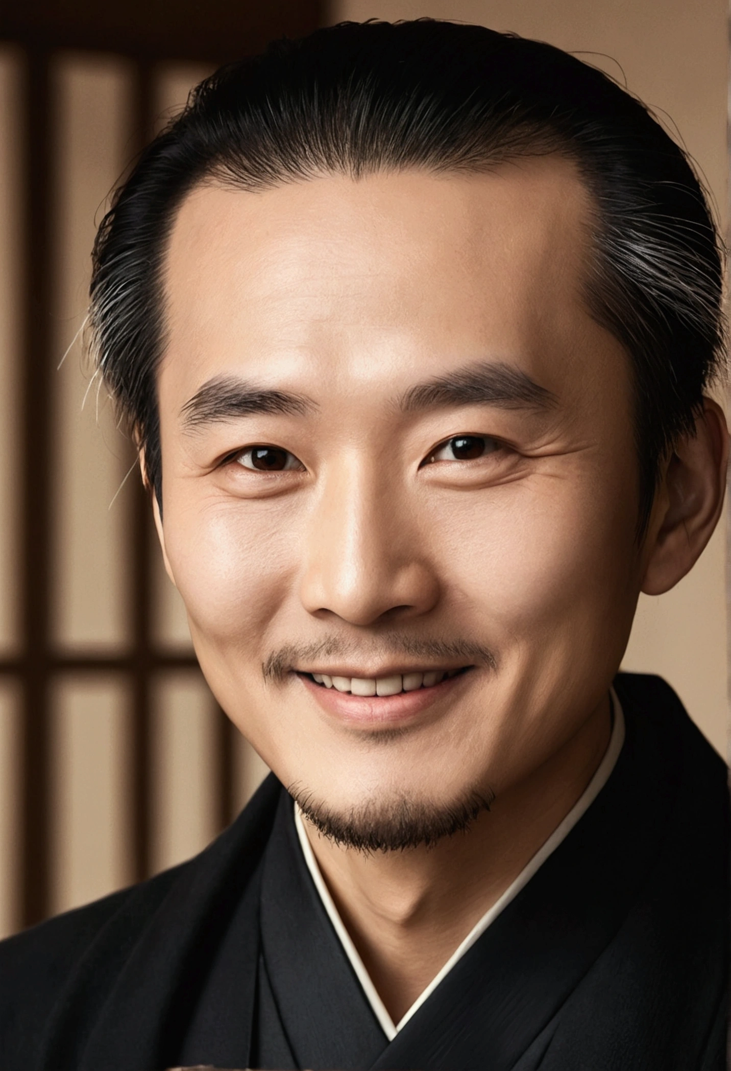Wearing a black coat,Smile,The background is a traditional Chinese painting,Men have no beards,Wise old Chinese man,Center the photo,Character Center,sit,Real frontal photo,Face HD,The face is softly lit,The background is a bit dark,blur background,Light shines on the face from the front,Evenly illuminate the face,Medium shot,best quality,Photograph