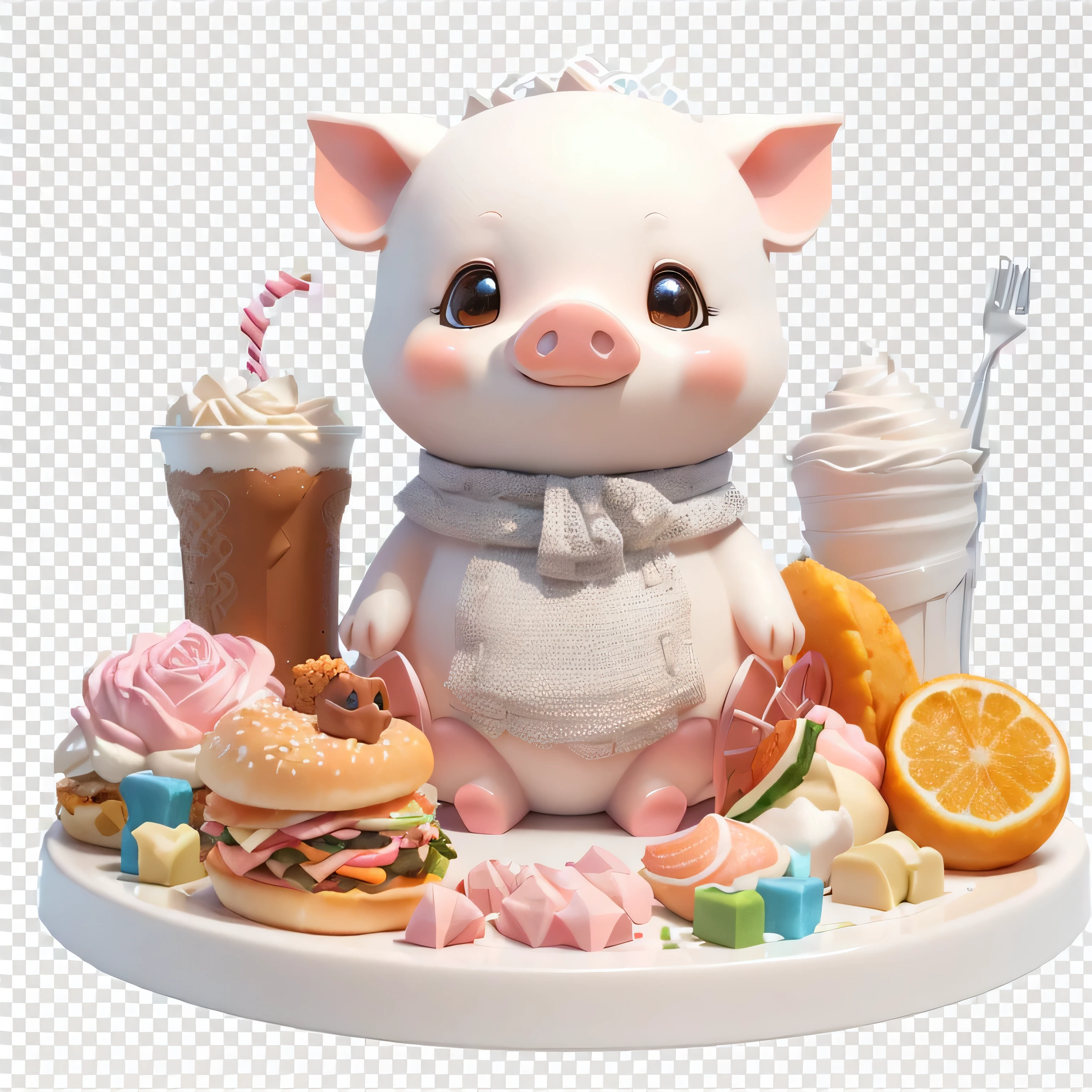 Close up of a piggy statue and a plate of food, Lovely 3 d render, Hyper-realistic food pictures, Smooth 3D CG rendering, High quality 3D realistic, 3D rendering style, Soft 3d rendering, Lovely! C4D, High-quality rendering, Lovely detailed digital art, 3D Rendered Official Art, High quality 3D rendering