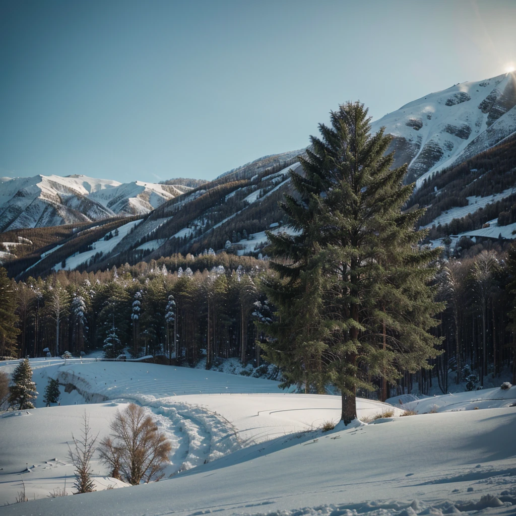 A lone green tree on a snowy hill, low-key lighting
