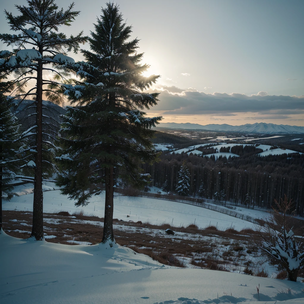 A lone green tree on a snowy hill, low-key lighting