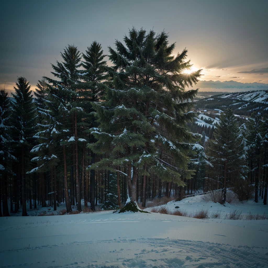 A lone green tree on a snowy hill, low-key lighting