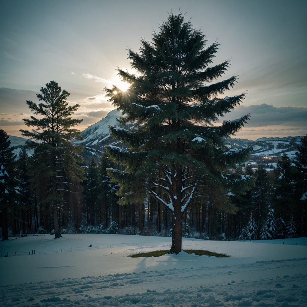 A lone green tree on a snowy hill, low-key lighting 