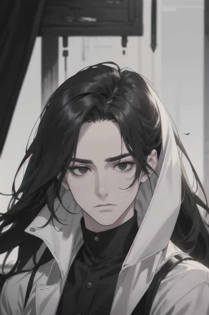 midjourney, ((best quality)), ((masterpiece)), (detailed), perfect face, male wearing black coat black vest and white shirt. broad jawline. mature. ((black hair, long hair)), ((black eyes)), depth of field, pale white skin, white dress, dark circles under eyes, tired expression, vivid colors. Elegant, masculine. 
