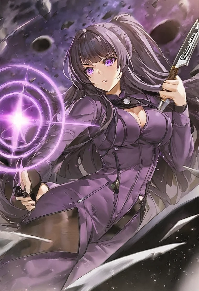 Athena，Purple one-way slightly messy long hair，Purple Eyes，Purple jumpsuit，But the jumpsuit is sexy，It's sick，A black hole in the universe，Purple and black black hole，Holding a knife in hand, ready to attack the target