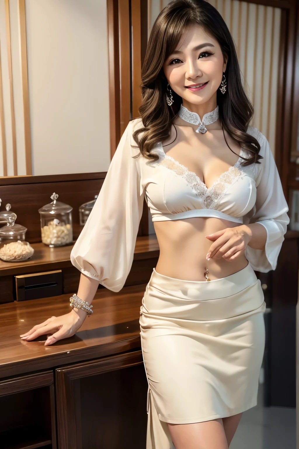 White blouse and beige skirt　75 years old　mom　milf　Chinese Lady　large earring　Big choker　navel piercing decoration　A bracelet　Silver Hair　realisitic　Gorgeous Madame Beautiful Mature Woman　sexly　Smile　Gentle woman navel piercing　４K　High quality スーパーマーケット　ingredients　display shed　Lots of luggage　Gorgeous Madame Beautiful Mature Woman　Heavy chest