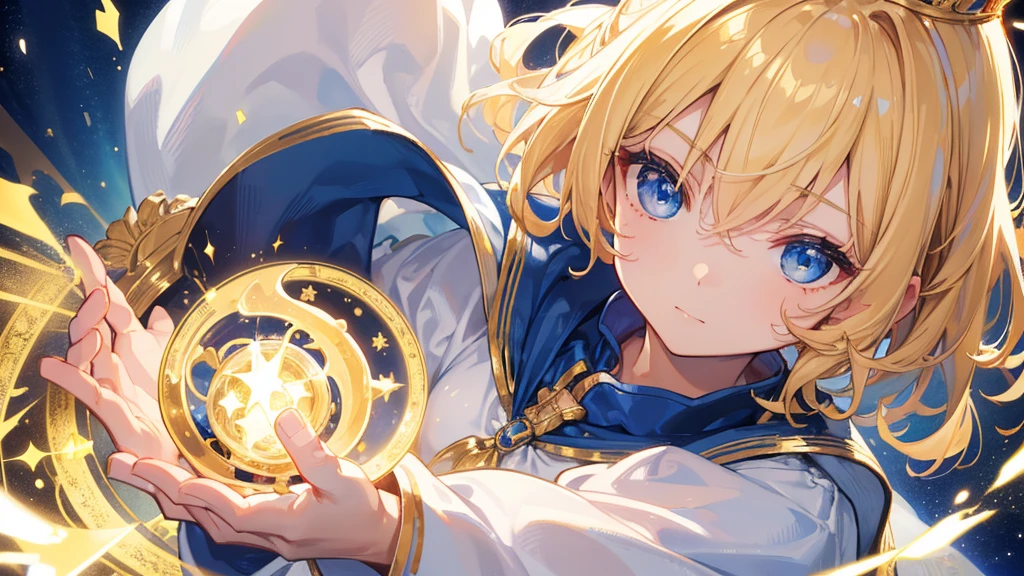 (Highest quality) (4K) (8k) (High resolution) (masterpiece:1.2) (Super detailed) One boy short hair Wizard Blue Eyes Long sleeve Golden decoration Hair between the eyes Closed Mouth White Dress Wavy golden hair Upper Body large crown (White Background) (Cast a spell) front Face close-up
