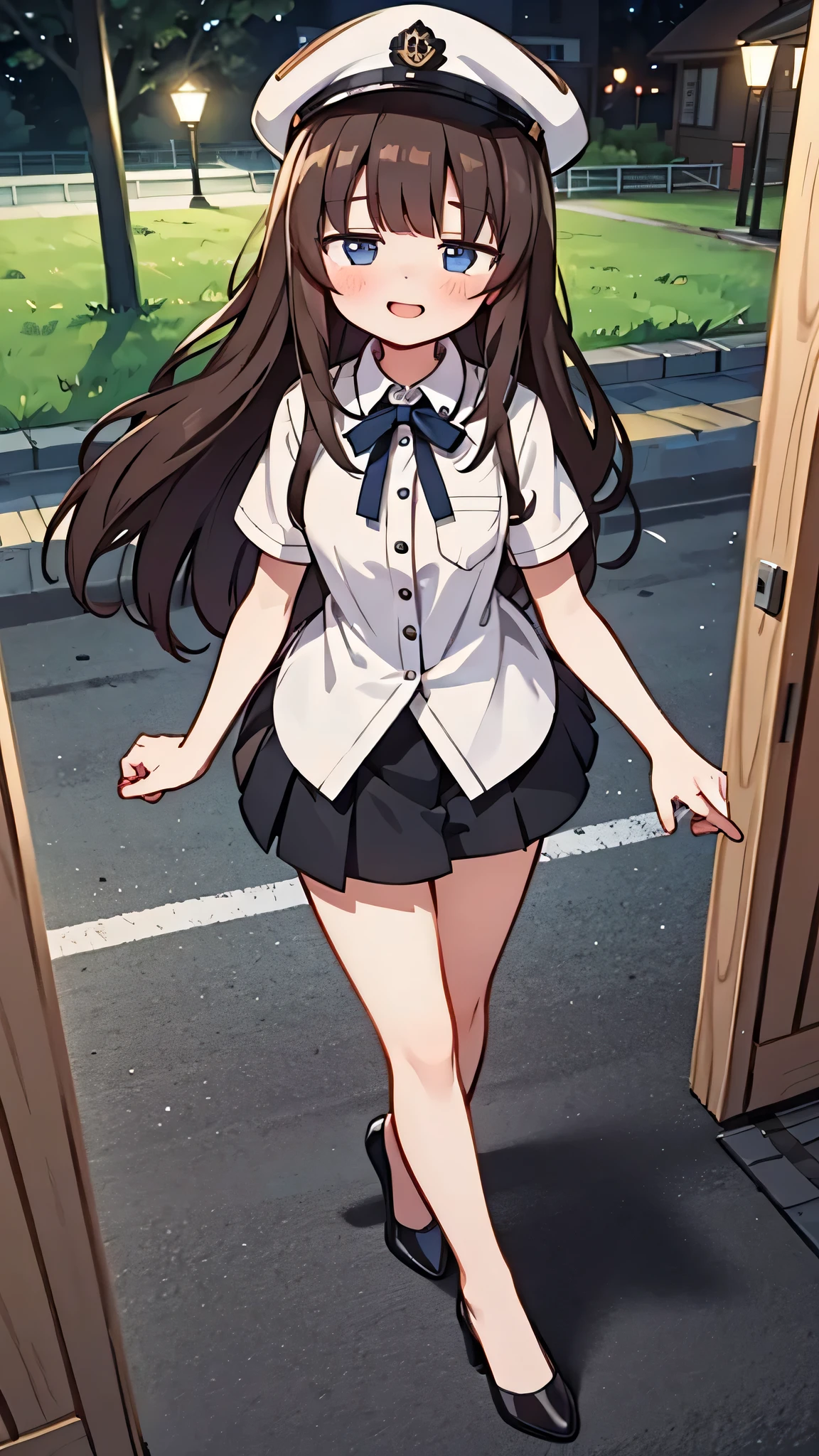 {Highest quality}, {Super beautiful},{Ultra fine},{Best illustration},Brown Hair,Hime cut,semi-long,Bangs,Standing Woman,Uniform cap,White Shirt,Short sleeve,Long black skirt,Night Park,Embarrassed,smilingly,Blushing,Slender women, A woman wearing plain black pumps,Bare feet and pumps,From an angle,From above,