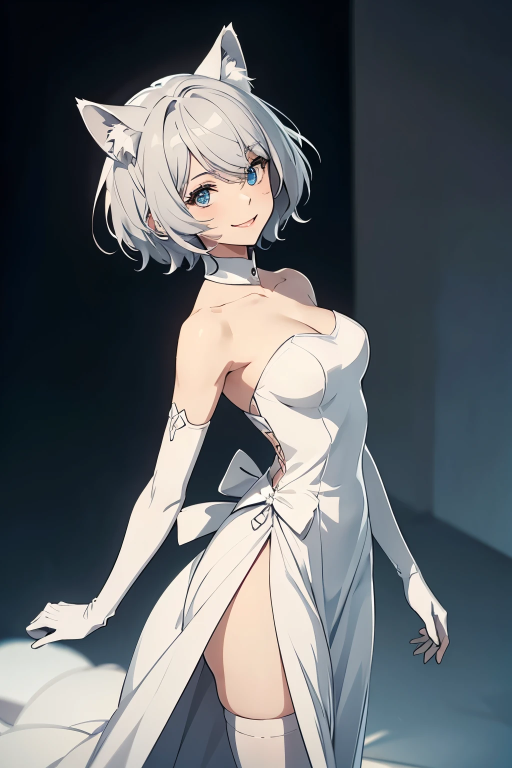 (whole body)Tabletop Best image quality wonderful Attention to detail One Young Woman((Adult))Anime Style White long dress(Sleeveless)(Strapless)(slit) White long gloves(Elbow Gloves) White Pantyhose(Plain) White pumps White wolf ears short hair((Shortcuts)(Gray Hair)(Curly Hair)(fluffy)) smile(Happy) Eye color is blue background(Hotel) Are standing