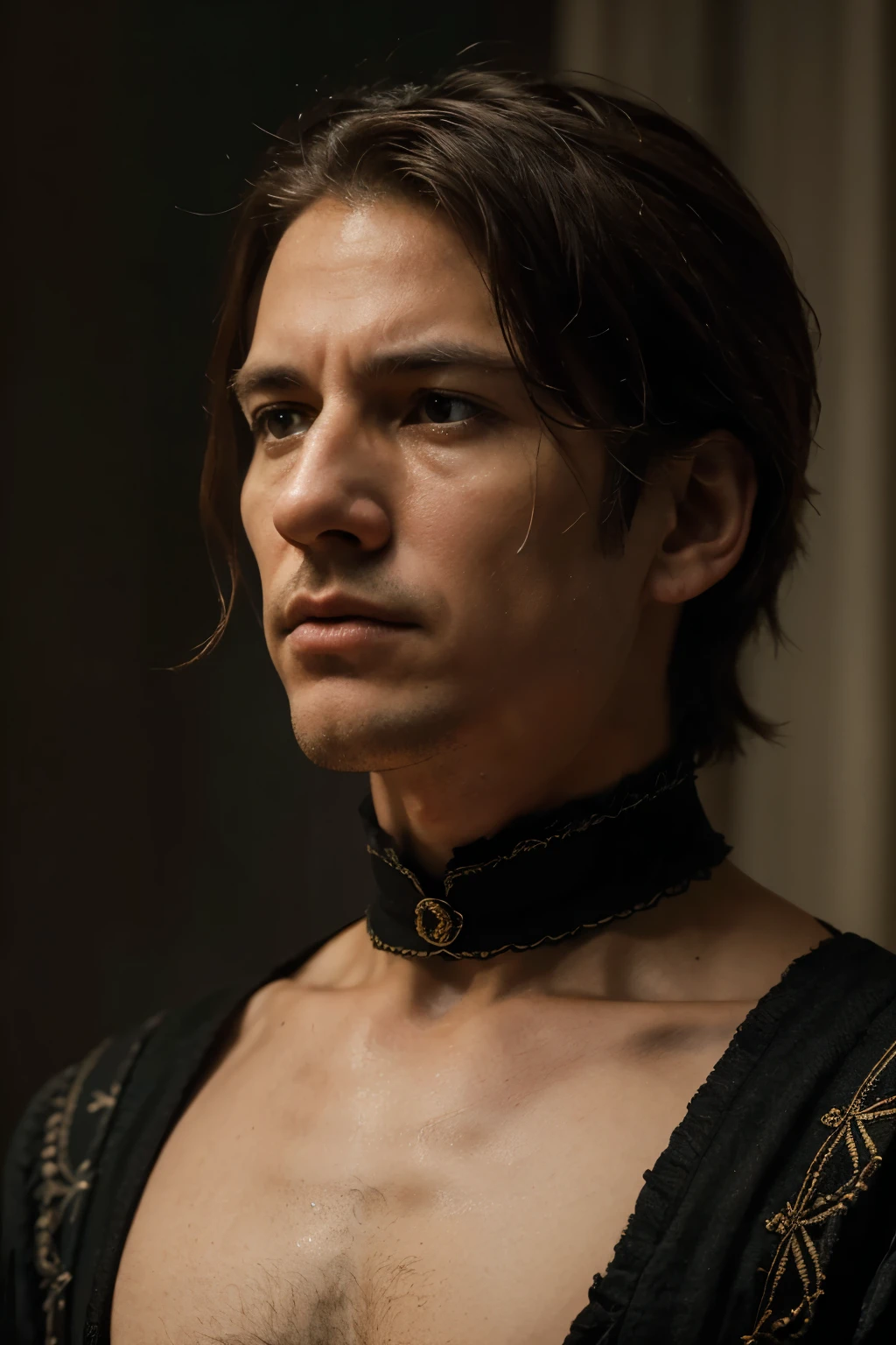 Hamlet's figure is elaborately portrayed down to the smallest detail. The flowing philosophical lines emanating from his mouth exude power and charisma. Yet, on the other hand, his father's sudden death can be seen weighing heavily on his mind as anguish. This image, whether painted or photographed, captures his presence, dignity and anguish. Every aspect of him is perfectly rendered, from the intricate details of his clothing to the melancholy of his gaze. This is a stunning representation of a legendary figure, brought to life with masterful artistry and skill.

"There are more things in heaven and earth, Horatio
Than are dreamt of in your philosophy."

(Hamlet, Act 1, Scene 3, lines 159-160)

--ar
 16:9, highly detailed image, Canon 1Ds 24 mm f/2
--style
 raw
