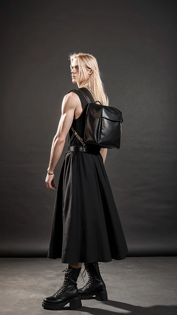 Alternative faceless musculed and tall long blonde hair boy walking in black punk plataform boots and a long skirt in a vintage style, a black backpack, musculed legs and solid background